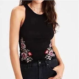 American Eagle Black Flower Embroidered Tank Top